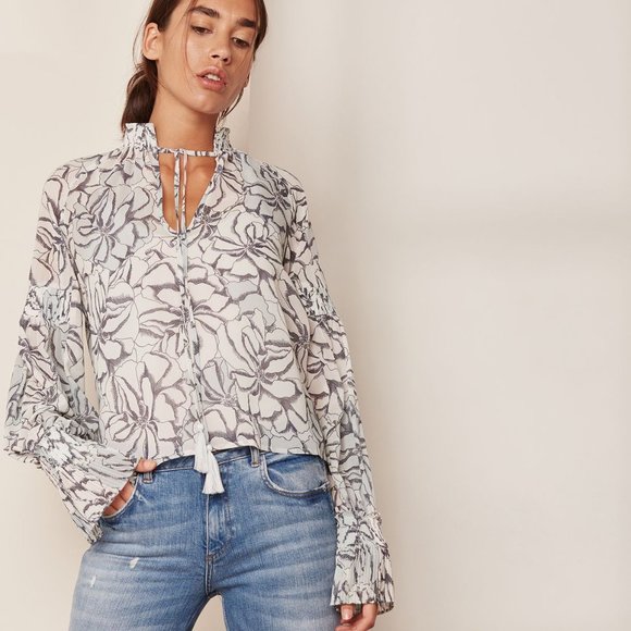 FOXIEDOX white gray blue high neck pleated floral chiffon top - Picture 1 of 11